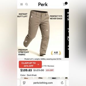 Perk Men's Dark Khaki Pants, 34x32